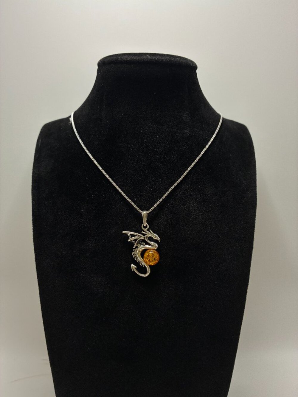 925 Sterling Silver Natural Baltic Amber Dragon Pendant Necklace w 925 Box Chain